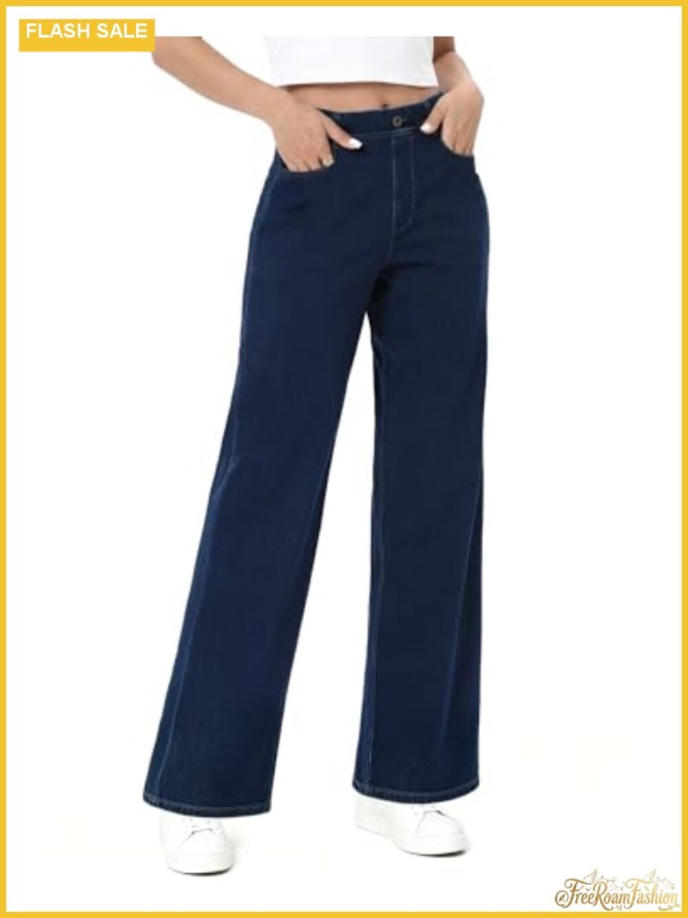Pull On Wide Leg Jeans High Rise Elastic Waist Stretchy Casual Denim Pants
